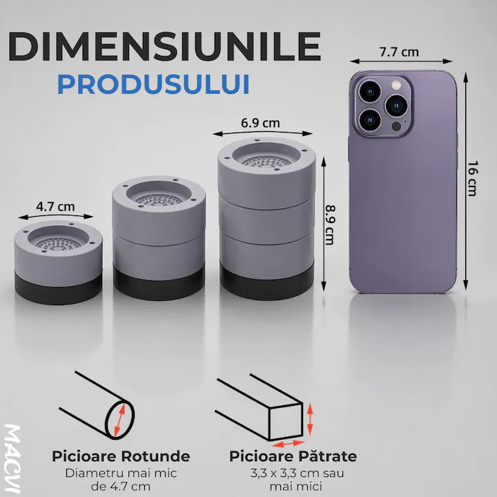 Set 4 Tampoane pentru Picioare Macvi® din Plastic, Gri Protectie si Stabilitate pentru Masina de Spalat