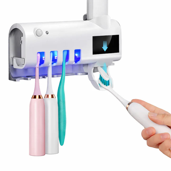 Suport si Dozator Macvi® pentru Periute si Pasta de Dinti cu Sterilizare Antibacteriana UV, Design Compact si Elegant