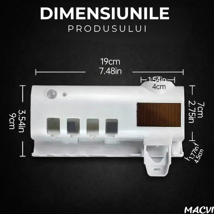 Suport si Dozator Macvi® pentru Periute si Pasta de Dinti cu Sterilizare Antibacteriana UV, Design Compact si Elegant