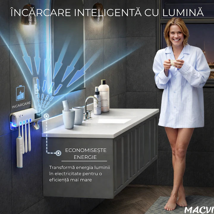 Suport si Dozator Macvi® pentru Periute si Pasta de Dinti cu Sterilizare Antibacteriana UV, Design Compact si Elegant
