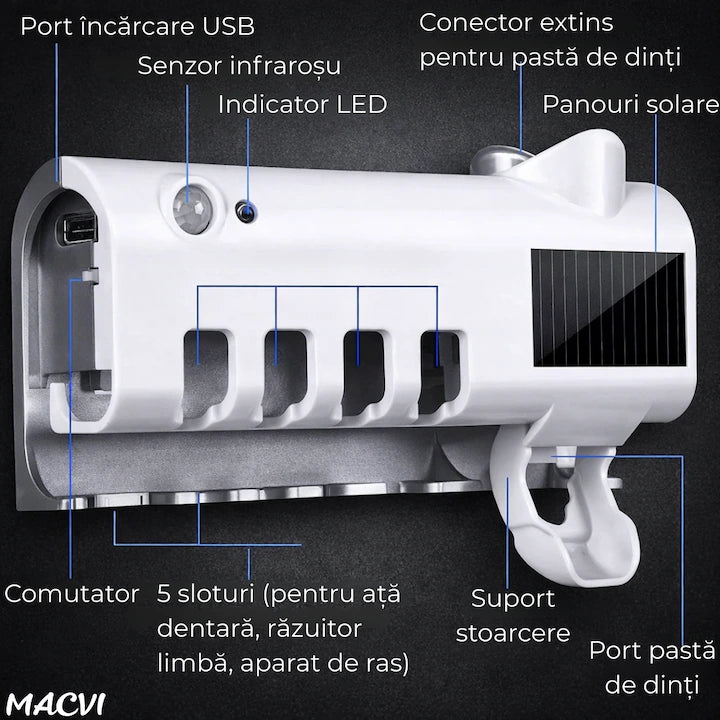 Suport si Dozator Macvi® pentru Periute si Pasta de Dinti cu Sterilizare Antibacteriana UV, Design Compact si Elegant
