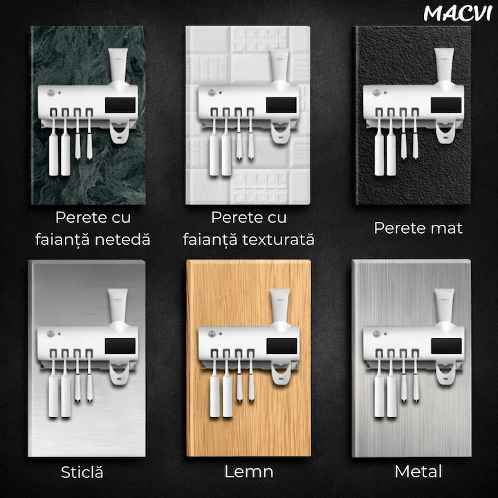 Suport si Dozator Macvi® pentru Periute si Pasta de Dinti cu Sterilizare Antibacteriana UV, Design Compact si Elegant
