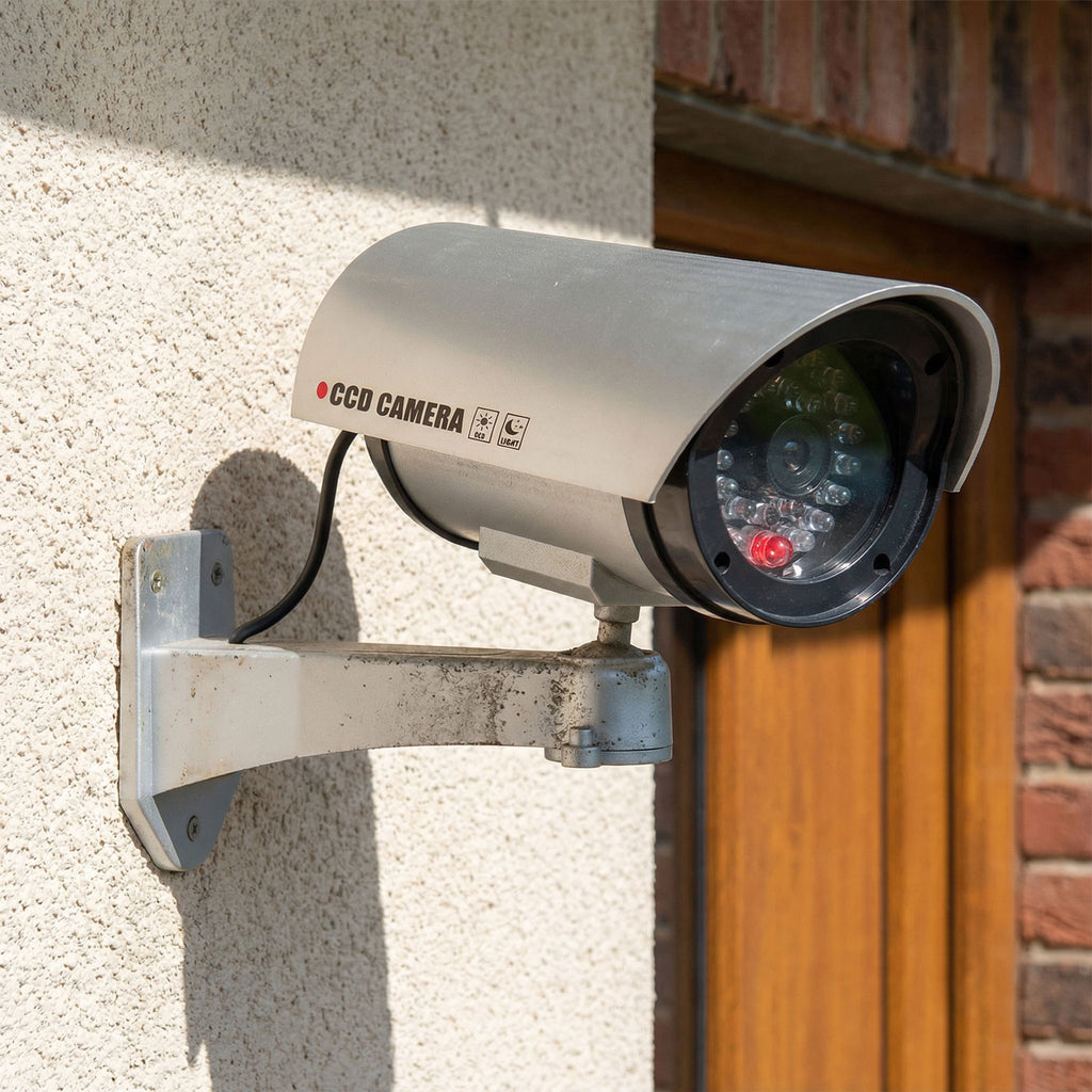 Camera falsa supraveghere CCTV LED intermitent rotativa 360 cu cablu baterii AA interior