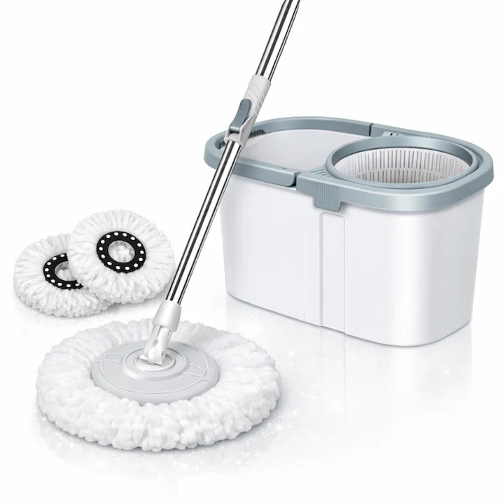 Set Mop Rotativ Macvi®, Galeata, Dubla Actiune, Capat Microfibra, Sistem Stoarcere, Inaltime Ajustabila, Alb/Gri