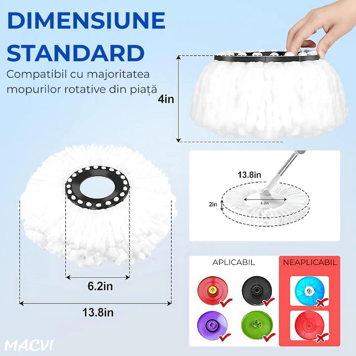 Set Mop Rotativ Macvi®, Galeata, Dubla Actiune, Capat Microfibra, Sistem Stoarcere, Inaltime Ajustabila, Alb/Gri
