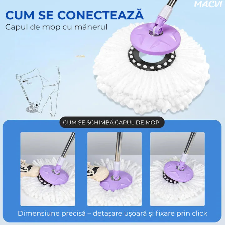 Set Mop Rotativ Macvi®, Galeata, Dubla Actiune, Capat Microfibra, Sistem Stoarcere, Inaltime Ajustabila, Alb/Gri