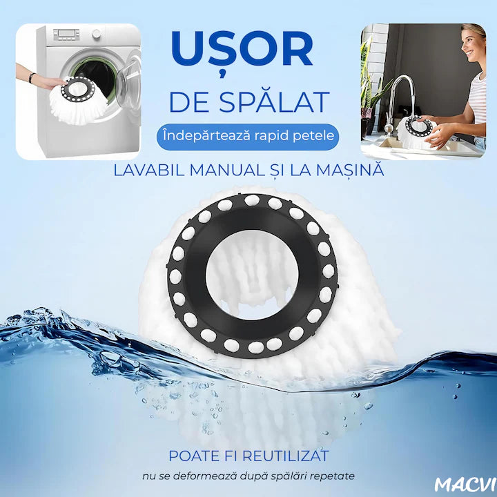 Set Mop Rotativ Macvi®, Galeata, Dubla Actiune, Capat Microfibra, Sistem Stoarcere, Inaltime Ajustabila, Alb/Gri