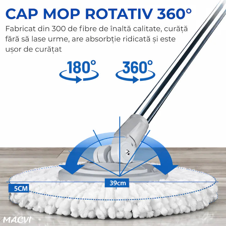 Set Mop Rotativ Macvi®, Galeata, Dubla Actiune, Capat Microfibra, Sistem Stoarcere, Inaltime Ajustabila, Alb/Gri