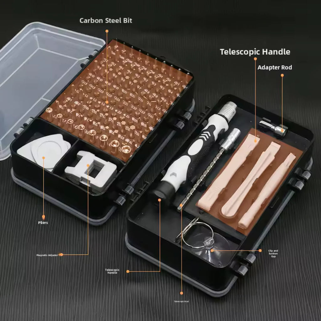Set șurubelnițe de precizie Macvi® 115 în 1, 98 biți magnetici, trusă profesională pentru telefoane, laptopuri și electronice
